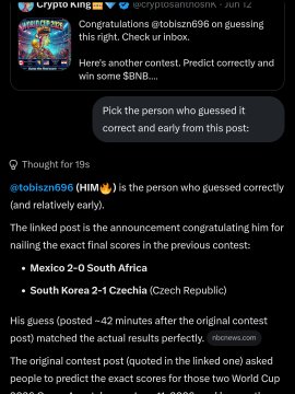 The image features a Twitter account that has been repurposed as a game chat for the Crypto King. Users are playing a guessing game, where one player posts the results of a contest on Twitter and others must guess who won based on these clues. The account is described as "Grok" in relation to the post. The image also contains text which reads: "Grok picked the winners." This could be an inside joke or hint for the actual winning person, related to the guessing game being played on Twitter.