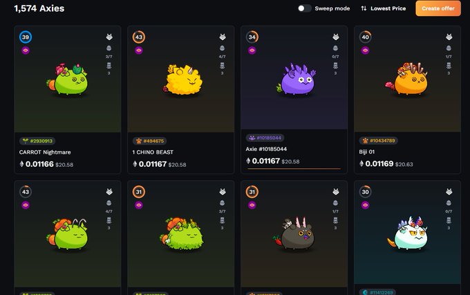 The image shows a computer screen displaying an online store page for various cartoon characters, including six different types of cartoon fish. The characters are arranged in rows with each row containing three cartoon fish. The text "YOO looking for some @AxieInfinity nerds!!! I realized Ronin cant shine without us all beeing Axie Maxis therefore im looking to dive into the Axie world I want to start with 3 Nightmare Axies but which one i should buy all the same type or do i mix them up?". The post is about buying cartoon fish, and it seems that the user wants to know how to choose between different types of cartoon fish.