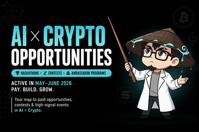 The image features a cartoon character dressed as a scientist or engineer holding a wand while standing against a black background. The title of the image reads "AI x Crypto Opportunities" with an event date, which appears to be June 16, 2016. The event is described as a Hackathon focused on AI and Cryptocurrency, where participants can showcase their skills in building AI systems or Blockchain applications. The post also mentions that there are best active Alpha opportunities available for those who participate in the hackathon.