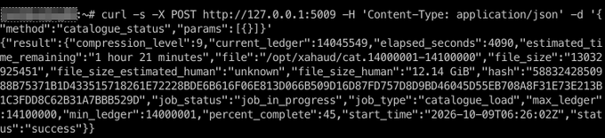 A terminal output showing a curl POST command response from localhost:5009 displaying JSON data with job status 'in_progress' for a catalogue_load operation, showing 45% complete with approximately 1 hour 21 minutes remaining.