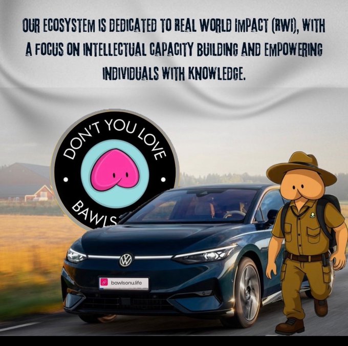 A graphic for 'bawis' featuring a cartoon face in a ranger outfit next to a Volkswagen car, stating their ecosystem is dedicated to real world impact and intellectual capacity building.