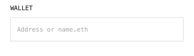 A digital wallet interface displays the label 'WALLET' above a text input field with the placeholder 'Address or name.eth'.