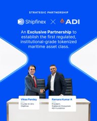 The image announces a strategic partnership between Shipfinex and ADI to create the first regulated, institutional-grade tokenized maritime asset class, featuring founders Vikas Pandita (Shipfinex, Co-Founder & CEO) and Saravanan Kumar A (ADI Foundation, Co-Founder & CEO) shaking hands beneath the partnership banner. This visual directly supports the post's message about tokenizing maritime assets, which are highlighted as critical infrastructure supporting the 80%+ of international trade moved by sea but currently lacking investable access.