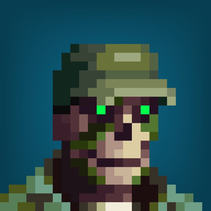 A pixel art portrait of a soldier wearing a green cap with glowing green eyes, set against a dark blue background.