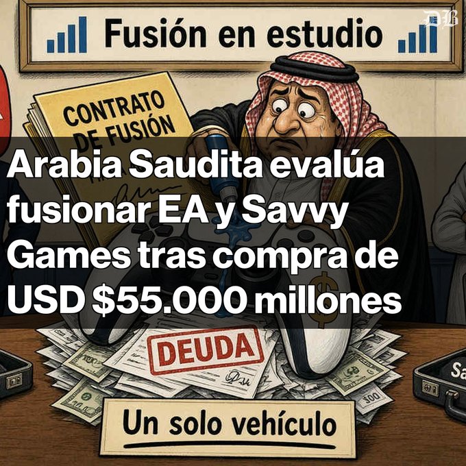 An illustration of a man in traditional Arab attire signing a 'CONTRATO DE FUSIÓN' document, with text reading 'Arabia Saudita evalúa fusionar EA y Savvy Games tras compra de USD $55.000 millones', surrounded by images of a controller, money, and a 'DEUDA' stamp.