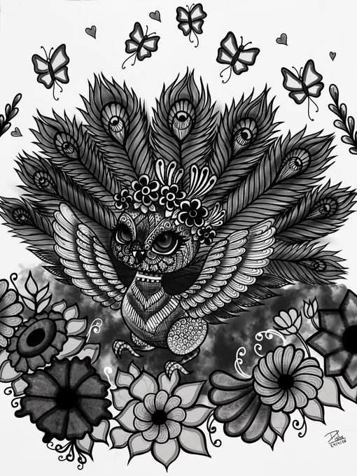 A detailed black and white illustration of a sugar skull-faced owl wearing a flower crown, surrounded by decorative feathers, butterflies, hearts, and flowers.