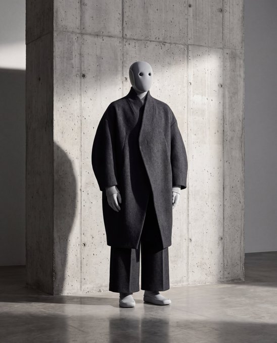 A minimalist photograph of a figure wearing a dark oversized coat and a featureless gray mask, standing against a concrete pillar in a softly lit space.