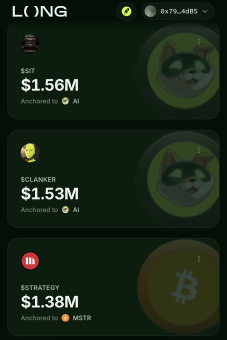 The image shows a dark-themed portfolio dashboard on the **long** platform, displaying three tokenized assets tied to crypto entities: **$SIT** valued at $1.56M anchored to AI, **$CLANKER** at $1.53M anchored to AI, and **$STRATEGY** at $1.38M anchored to **$MSTR**, featuring Bitcoin branding and a ranking of #13, which corresponds to the post highlighting $STRATEGY's pairing with over 1,000 shares of $MSTR and backed by $67B in BTC.