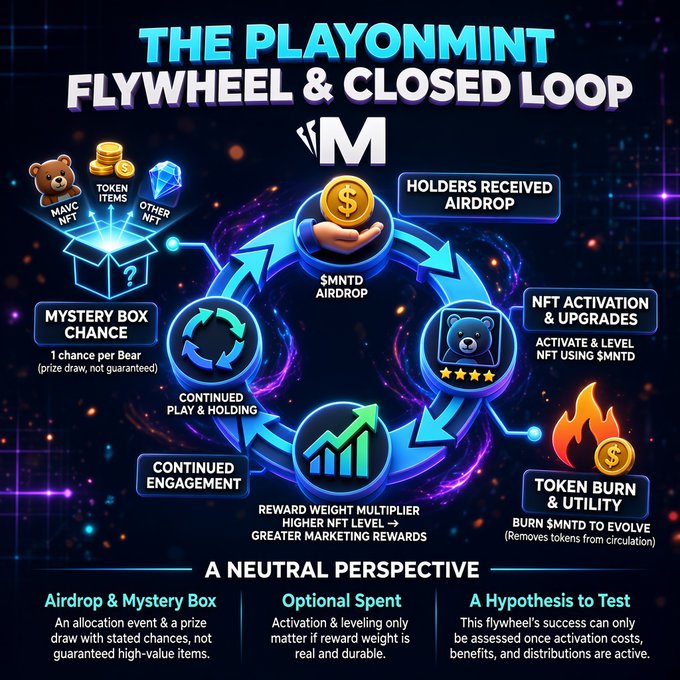 An infographic titled 'THE PLAYONMINT FLYWHEEL & CLOSED LOOP' illustrating a token economy involving airdrops, NFT activation and upgrades, token burns, reward multipliers, and continued engagement, presented from 'A NEUTRAL PERSPECTIVE'.