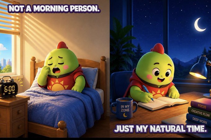 A two-panel illustration of a green character with a red crest, labeled 'NOT A MORNING PERSON.' yawning in bed at 6:00 AM on the left, and 'JUST MY NATURAL TIME.' working at a desk at night with a crescent moon outside on the right.