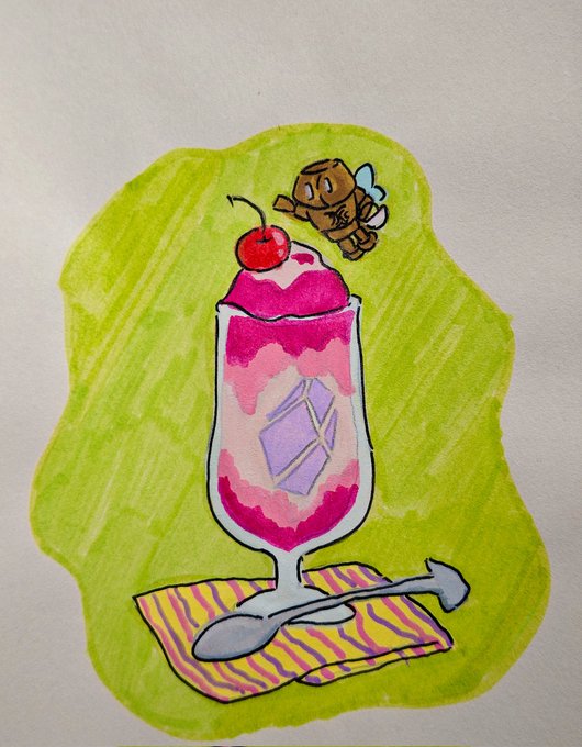 A colorful marker drawing of a pink ice cream sundae with a cherry on top and a small Groot figurine peeking from behind, set on a striped napkin with a spoon, against a bright green background.
