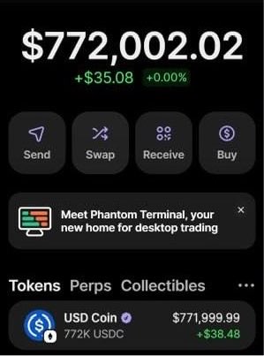 A Phantom wallet screenshot showing a balance of $772,002.02 with 772K USDC and a +$35.08 (0.00%) change.