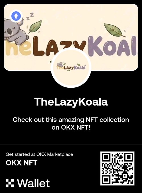 The image shows a black background with white text that reads "The lazy koala". Below this, there are two lines of text - one saying "check out this amazing nft collection on OXKX NFT!" and another stating "get started at OXKX Marketplace". The post is about an online marketplace where users can buy and sell digital assets.