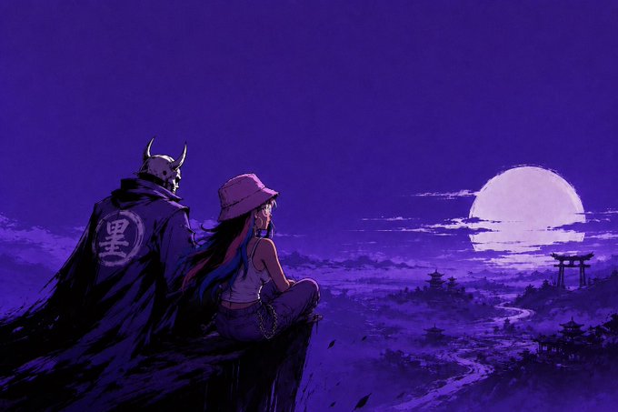 A purple-toned anime-style illustration showing two characters sitting on a cliff edge overlooking a misty landscape with a large full moon and a Japanese torii gate in the distance.