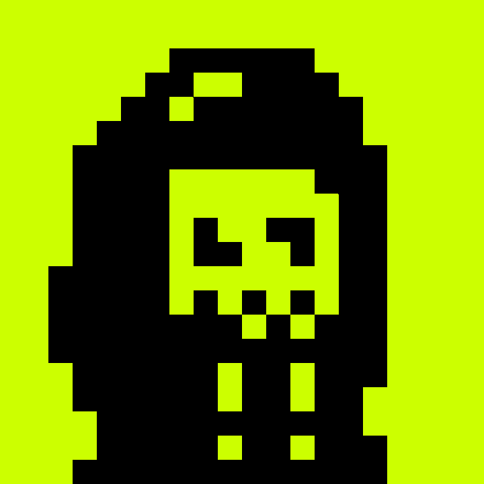 A pixel art image on a neon yellow-green background depicting a black stylized character or object with skull-like facial features and vertical bars below.