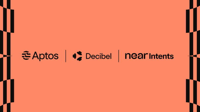 The image displays an orange background with decorative black geometric patterns on the left and right edges, featuring three logos centered horizontally: "Aptos," "Decibel," and "near Intents." This visual ties to the post's message by showcasing the three key platforms enabling cross-chain liquidity flow—highlighting how BTC from other chains can now be seamlessly bridged into Decibel's onchain trading venue on Aptos via NEAR Intents.