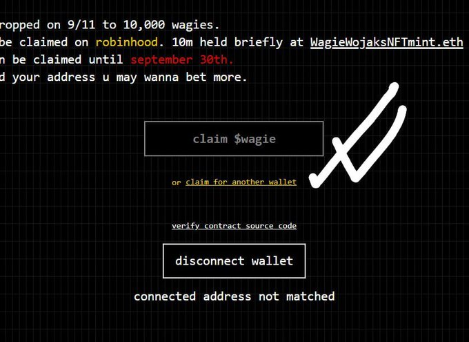 A cryptocurrency airdrop website claims '$wagie' tokens can be redeemed on Robinhood via WagieWojaksNFTmint.eth until September 30th, with a 'claim $wagie' button shown alongside a double-checkmark graphic.