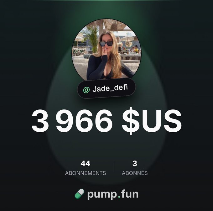 A profile card for user "@Jade_defi" on pump.fun shows a portfolio balance of "3 966 $US," with 44 subscriptions and 3 subscribers, tied to a post announcing her new account and inviting others to share theirs to find the next 100X.