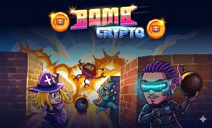 The image features a cartoon character wearing a purple hat, holding a large ball with a sword in its hand. The character appears to be playing a video game called "Bomb Crypto" against an enemy who is also holding a large ball with a sword. The background of the image shows a brick wall and a building, which adds to the overall atmosphere of the scene. The post about the game includes details such as the game's title, its rating, and some descriptions of the game's features.