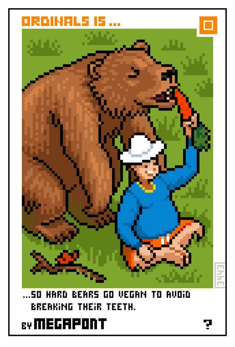 A pixel art NFT-style card titled 'ORDINALS IS...' showing a bear eating a carrot from a child, captioned '...SO HARD BEARS GO VEGAN TO AVOID BREAKING THEIR TEETH. BY MEGAPONT'.