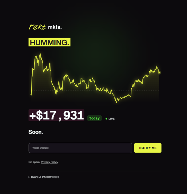 Dark-themed promotional graphic titled 'HUMMING.' showing a yellow stock chart, the figure '+$17,931 today LIVE', and an email signup form with 'NOTIFY ME' button.