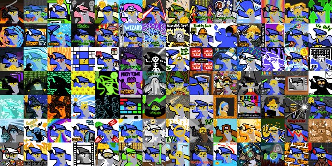 A dense collage of pixel art graphics featuring cartoon characters, skulls, ghosts, wizards, and meme imagery including text like 'WIZARD', 'PARTY TIME', and 'CNC'.