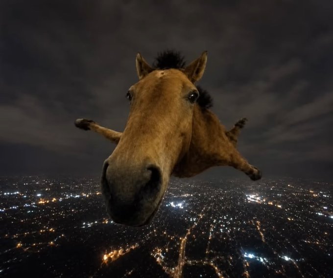 A humorous photoshopped image of a horse appearing to fly through the night sky above a brightly lit city landscape.