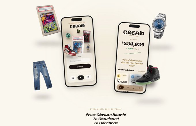The image promotes the Cream app, showing two smartphones displaying its interface alongside collectibles like Charizard and Grinch Pokémon cards, a luxury watch, distressed jeans, and sneakers, illustrating the app's tagline "Every Asset. One Portfolio" and showcasing its real-time net worth tracking feature with a portfolio valued at $234,939.