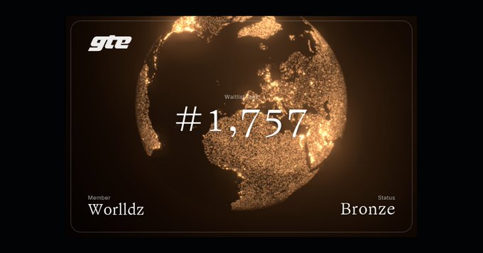 A golden globe-lit membership card for the GTE waitlist shows member "Worldlz" holding position "#1,757" with Bronze status, corresponding to the promoted referral link for the perp DEX project backed by Paradigm.