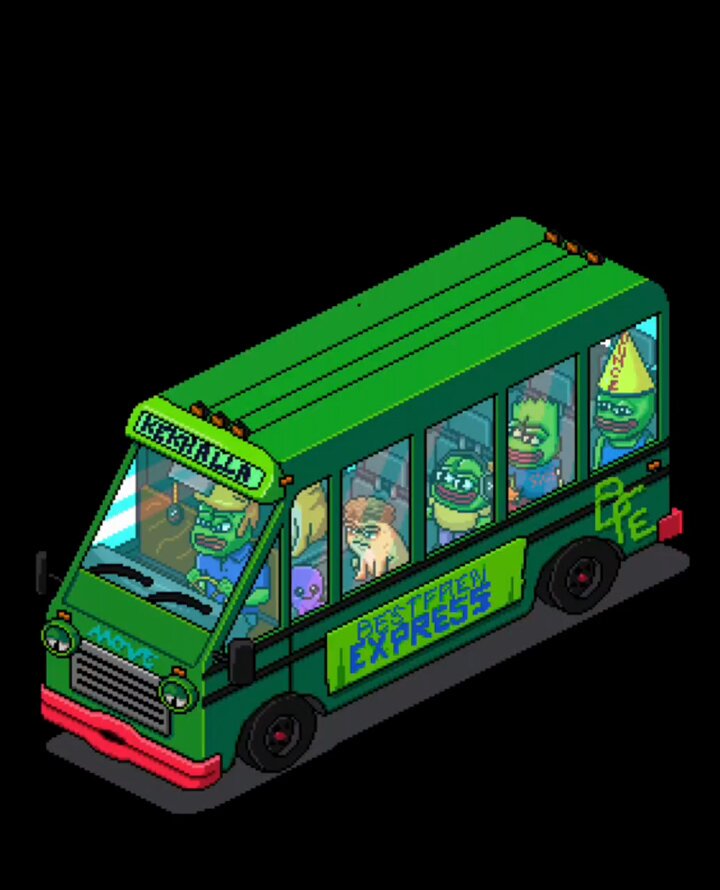 The image features a green bus with cartoon characters on its side, including a frog character that appears to be peaking out of the window. The bus has a "peeps" sign on top, indicating that it's designed for peeps (peacocks). The bus is parked in front of a building and there are several people visible inside the bus, suggesting that they might be passengers or staff members.