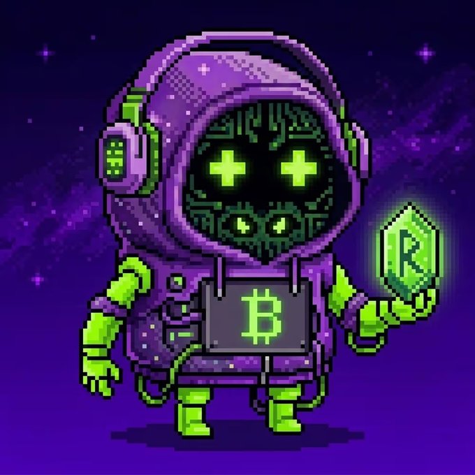 A pixel art image shows a green robot-like character in a purple hoodie with a Bitcoin symbol on its chest, holding a glowing green Bitcoin coin.