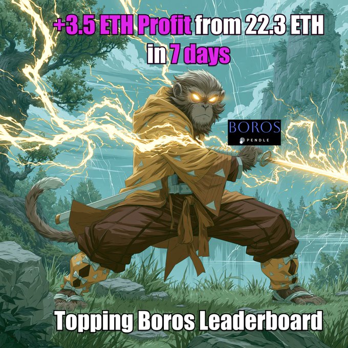 Promotional image showing a monkey warrior character wielding a sword with electric effects, with text claiming '+3.5 ETH Profit from 22.3 ETH in 7 days' and 'Topping Boros Leaderboard' alongside a BOROS PENDLE logo.