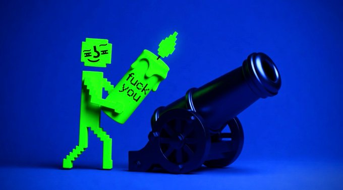 A green pixel-art figure holding a sign reading "fuck you" stands next to a black toy cannon against a blue background.