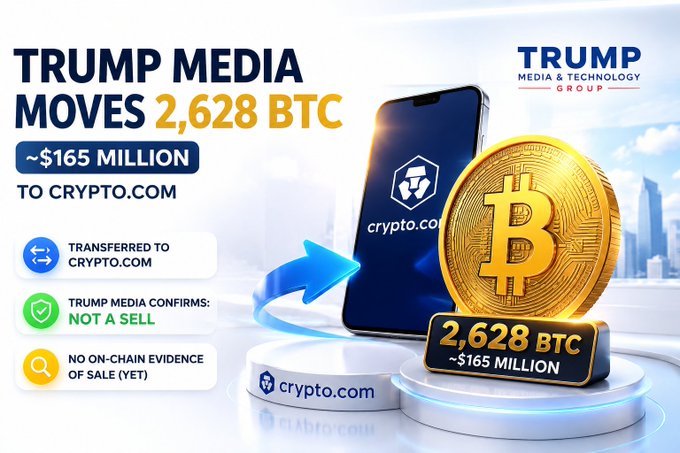 A promotional graphic announcing "TRUMP MEDIA MOVES 2,628 BTC" (~$165 million) to Crypto.com, featuring the Trump Media & Technology Group logo and a gold Bitcoin.