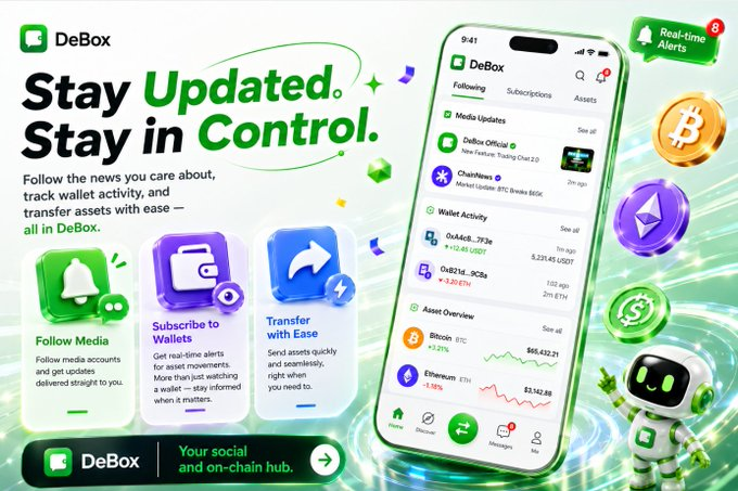 A promotional graphic for 'DeBox' app with the slogan 'Stay Updated. Stay in Control.', showcasing features like following media, subscribing to wallets, and transferring assets, alongside a mobile interface displaying media updates, wallet activity, and asset overviews for Bitcoin and Ethereum.