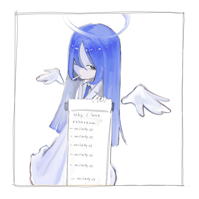 The image features a blue-haired anime character with wings, holding a white piece of paper that has the text "Why I love ethereum:". This suggests that the anime character might be promoting or discussing the benefits of ethereum as a cryptocurrency. The character's unique appearance and the use of an unconventional medium for conveying information make this image particularly interesting and engaging.