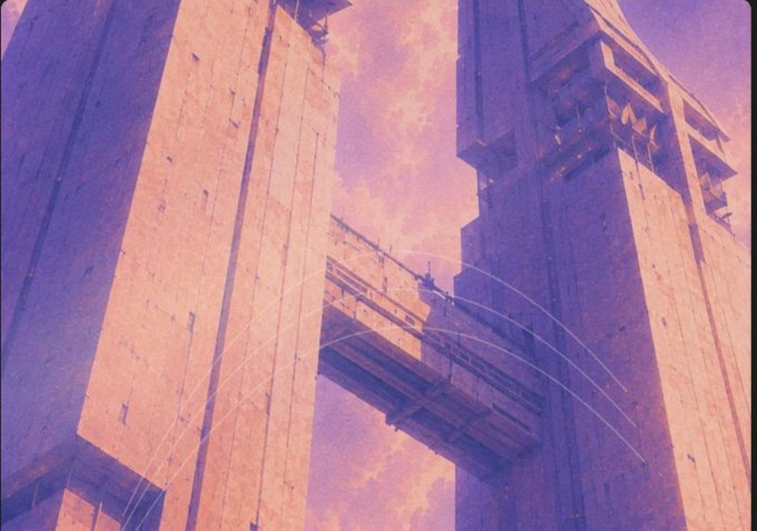 Two colossal Brutalist concrete towers loom against a dreamy pink and purple sky, connected by a skybridge. The image's grand, ambitious scale mirrors the bullish optimism in the post about the September 14th launch of @standard_rsv and its Uniswap audits.