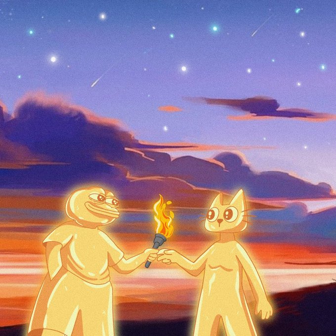 The image shows two glowing golden cartoon characters — a frog and a cat — passing a torch between them at sunset, symbolizing the relay of a meme or identity from one to the next. It visually reinforces the post's argument about $FWOG's art-driven rise, where a character-based meme gained value through consistent visual identity and community building.
