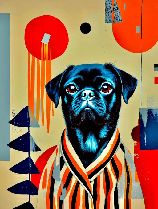 A stylized pop-art painting of a black pug dog with red eyes wearing a striped shirt against a colorful abstract background.