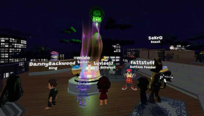 A screenshot from a Roblox virtual world showing multiple player avatars with usernames like 'mido Gamer', 'Luvlee17', 'fattstuff Bottom Feeder', and 'Sakro Beast' gathered around a central glowing purple light beam on a rooftop at night.