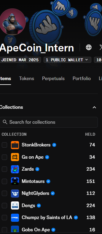 The image shows a portfolio screenshot for the wallet "ApeCoin_Intern," displaying NFTs from various Yuga Labs ecosystems—including 74 StonkBrokers, 34 Gs on Ape, 234 Zards, 151 Mintotaurs, 112 NightGlyders, 224 Dengs, 138 Chumpz by Saints of LA, and 16 Gobs On Ape. This visual ties to the post's lament about how ApeCoin's crash to near-zero caused the ecosystem's excitement to die, noting that items like the StonkBrokers mint pass were once available on ApeChain for 100-200 APE but now trade at 1.5 ETH on Robinhood.