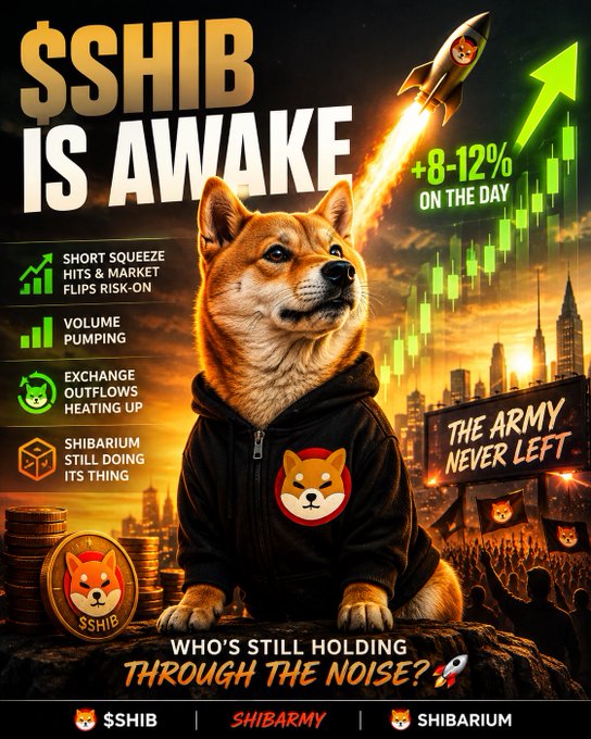 A promotional graphic for the cryptocurrency $SHIB featuring a Shiba Inu dog in a hoodie, with text '$SHIB IS AWAKE', '+8-12% ON THE DAY', 'THE ARMY NEVER LEFT', and 'WHO'S STILL HOLDING THROUGH THE NOISE?', alongside hashtags $SHIB, SHIBARMY, and SHIBARIUM.