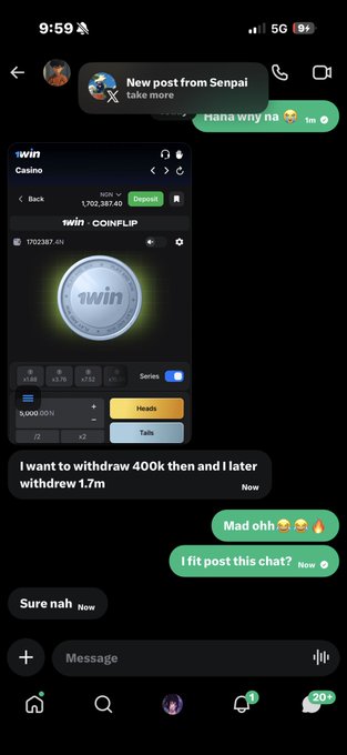 A WhatsApp chat screenshot shows someone sharing a "1win Casino" Coinflip game result of 1,702,387.40 from a 5,000 IDN bet, with the sender announcing plans to withdraw 400k now and 1.7m later—aligning with the post's claim of a four-figure win on a coin flip gamble.