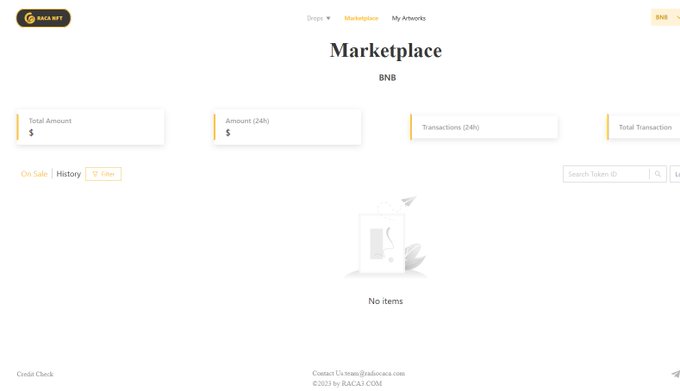 The image shows the RACA NFT Marketplace page displaying "No items" with zero total amount, zero 24-hour transactions, and "N" next to the BNB ticker, indicating the marketplace is currently empty. This visually confirms the post's statement that the RACA NFT Market has temporarily closed, aligning with the broader theme of platform consolidation and maintenance.