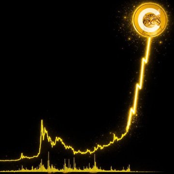 A gold-colored cryptocurrency chart trending upward on a black background, topped with a Bitcoin symbol in a glowing circle.