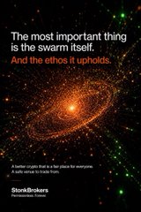 A dark cosmic spiral galaxy serves as the backdrop for a bold quote reading, "The most important thing is the swarm itself. And the ethos it upholds," authored by "Stork Brokers—Chief Crypto Sleuth & 4th Place on the Bull Sheet," with green and orange lights mimicking stars or digital particles throughout, visually echoing the post's message about directing liquidity into community-driven ecosystems rather than exploiters.