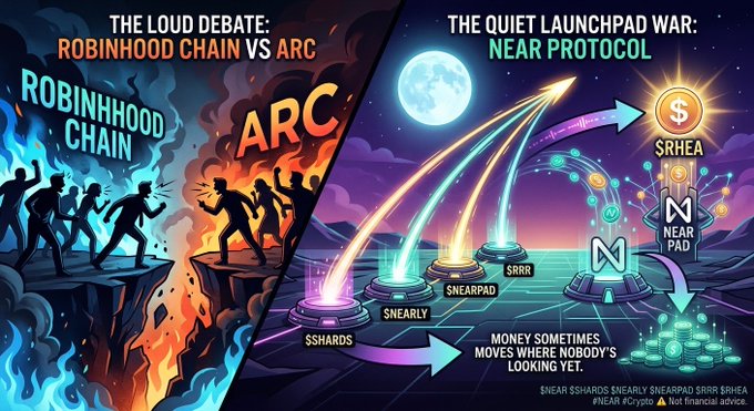A graphic titled "THE LOUD DEBATE: ROBINHOOD CHAIN VS ARC" on the left and "THE QUIET LAUNCHPAD WAR: NEAR PROTOCOL" on the right, with disclaimers "Not financial advice" and "@near #crypto".