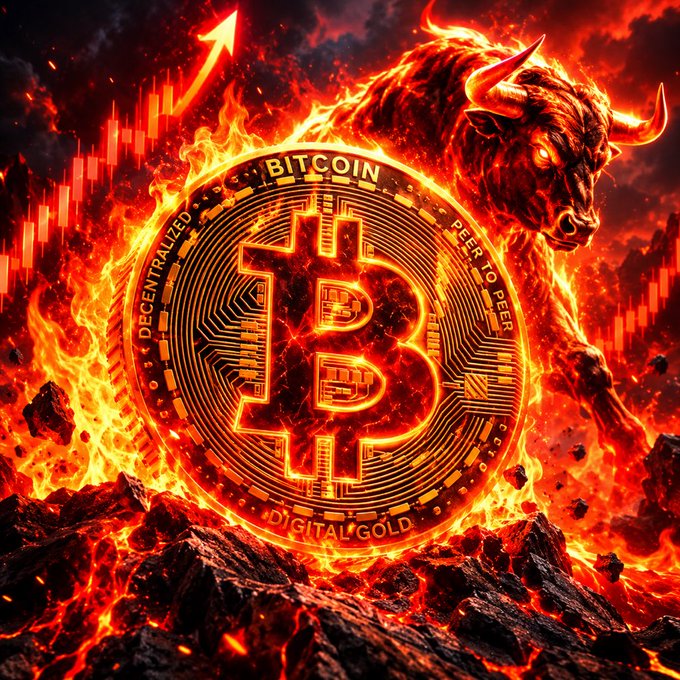A fiery digital illustration features a glowing golden Bitcoin coin labeled "BITCOIN," "DECENTRALIZED," "PEER TO PEER," and "DIGITAL GOLD," set against a backdrop of flames with a charging red bull and an upward trending candlestick chart.