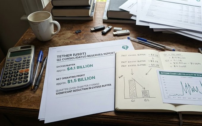 A photograph of a desk covered with financial papers, including a 'TETHER (USDT) Q2 CONSOLIDATED RESERVES REPORT' noting an Excess Buffer of approx. $4.1 Billion, Net Operating Profit of approx. $1.5 Billion, and a 'Significant reduction in Excess Buffer,' alongside a calculator, coffee mug, USB drives, and hand-drawn charts.