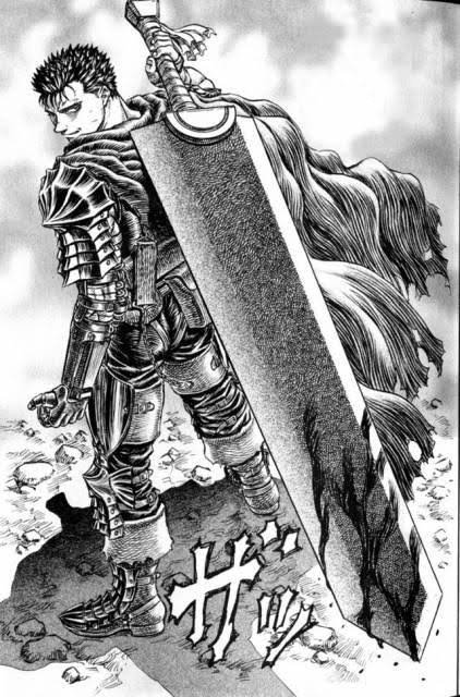 A black and white manga illustration of a dark, spiky-haired warrior in full plate armor, standing with an enormous slab-like sword on his back, with Japanese sound effect text at the bottom.